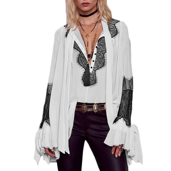 Tops - 🔥White Eyelet Lace Sheer Bow Blouse, S-XXL